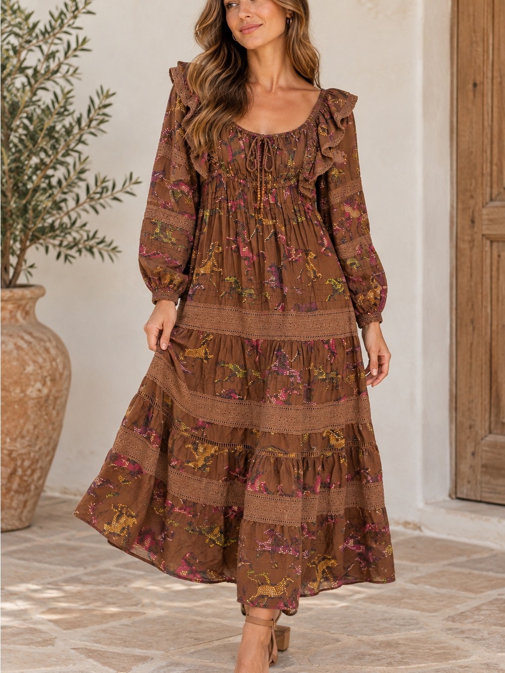 FARM Rio Brown Floral Ruffle Tiered Midi Dress